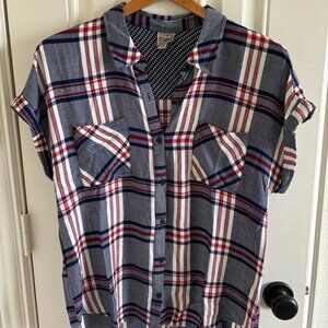 Plaid Red Blue Short Sleeve Button Down Como Vintage Medium Womans Shirt Top